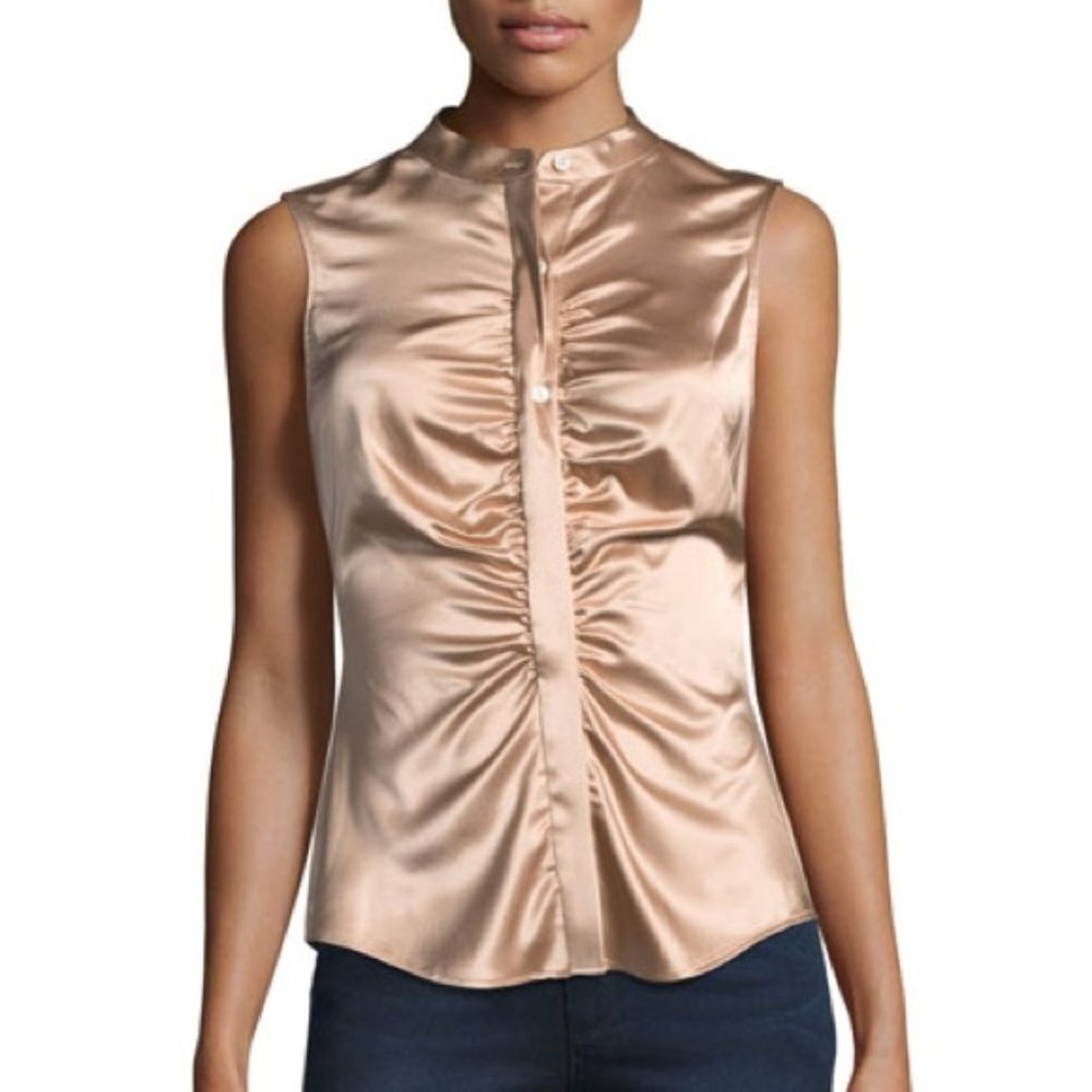 Theory Silk Satin Ruched Sleeveless Top